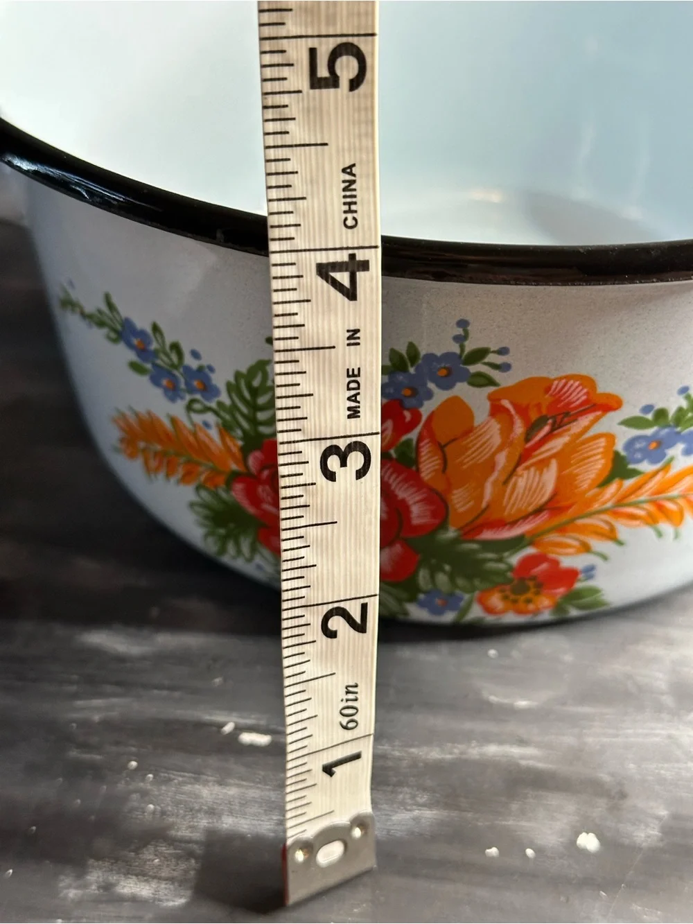 Vintage light blue enamel pot with lid roses print